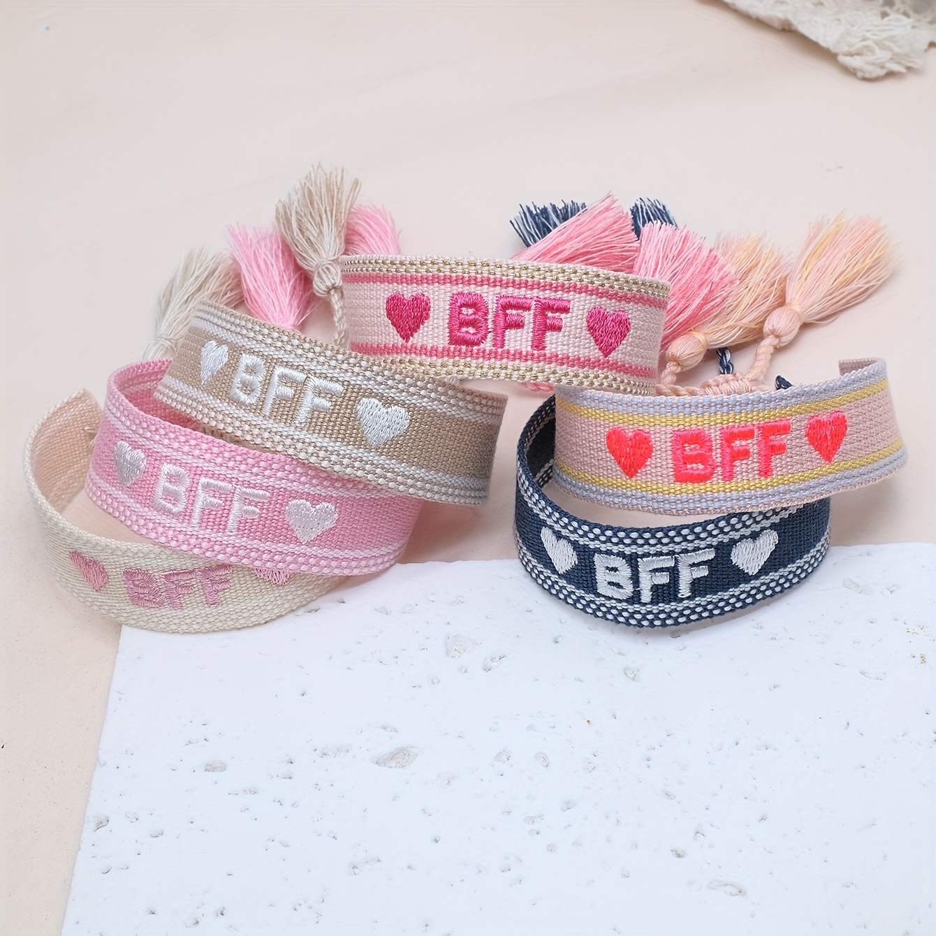 Image of A Set Of 6 Bff Friendship Bracelets Featuring Embroidered Heart Letters, Perfect For Gifting To During Holidays, Parties, Travel, Or Weddings. Handmade Boho-style Bracelets Are Great For Casual Wear