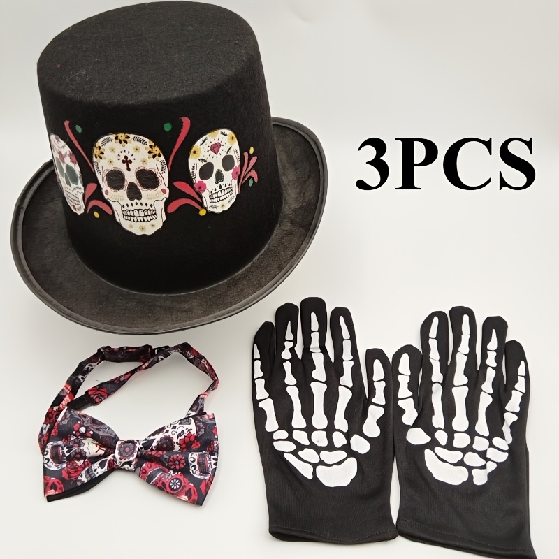 3pcs Mixed Halloween Skull Pattern Hot Stamping Gentleman Top Hat/three Head Hat + Bow Tie + Gloves, Suitable For Halloween, Party Gatherings, Cosplay Performance Headdress