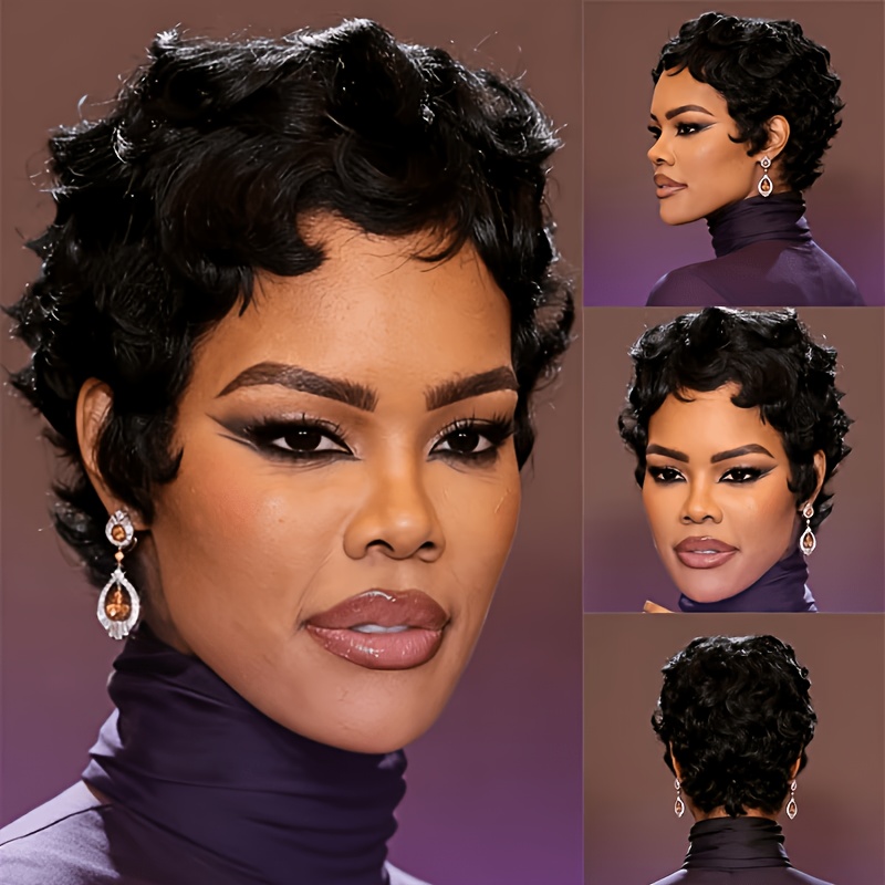TEMU Human Hair Wig For Women Is Designed To Match . It Features A Short Cut With 150% Density, Is Curly, And Is Machine- Casual Attire. The 1b This
