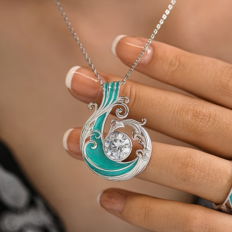 1pc Women's Fashion Pendant Necklace With Synthetic Synthetic Zirconia Enamel Wave Pendant, Bohemian Style Vacation Accessory For Daily Casual Parties, Vintage Necklace Jewelry