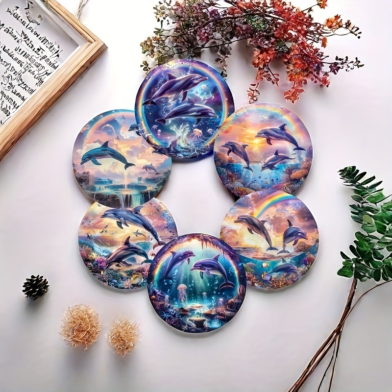TEMU 6pcs Dolphin-themed Wooden Coasters Set - Coffee, Tea, And Drinks | Ideal For Home And Restaurant Decor | Exquisite Holiday Gift And Collectible