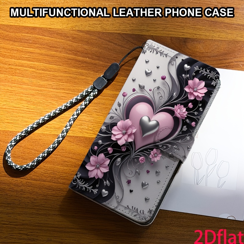 TEMU Phone Case: 2d Flat Wallet Phone Case With Flip Cover, Foldable Design, Card Slot, Magnetic Closure, And Detachable Lanyard, Beautiful Floral