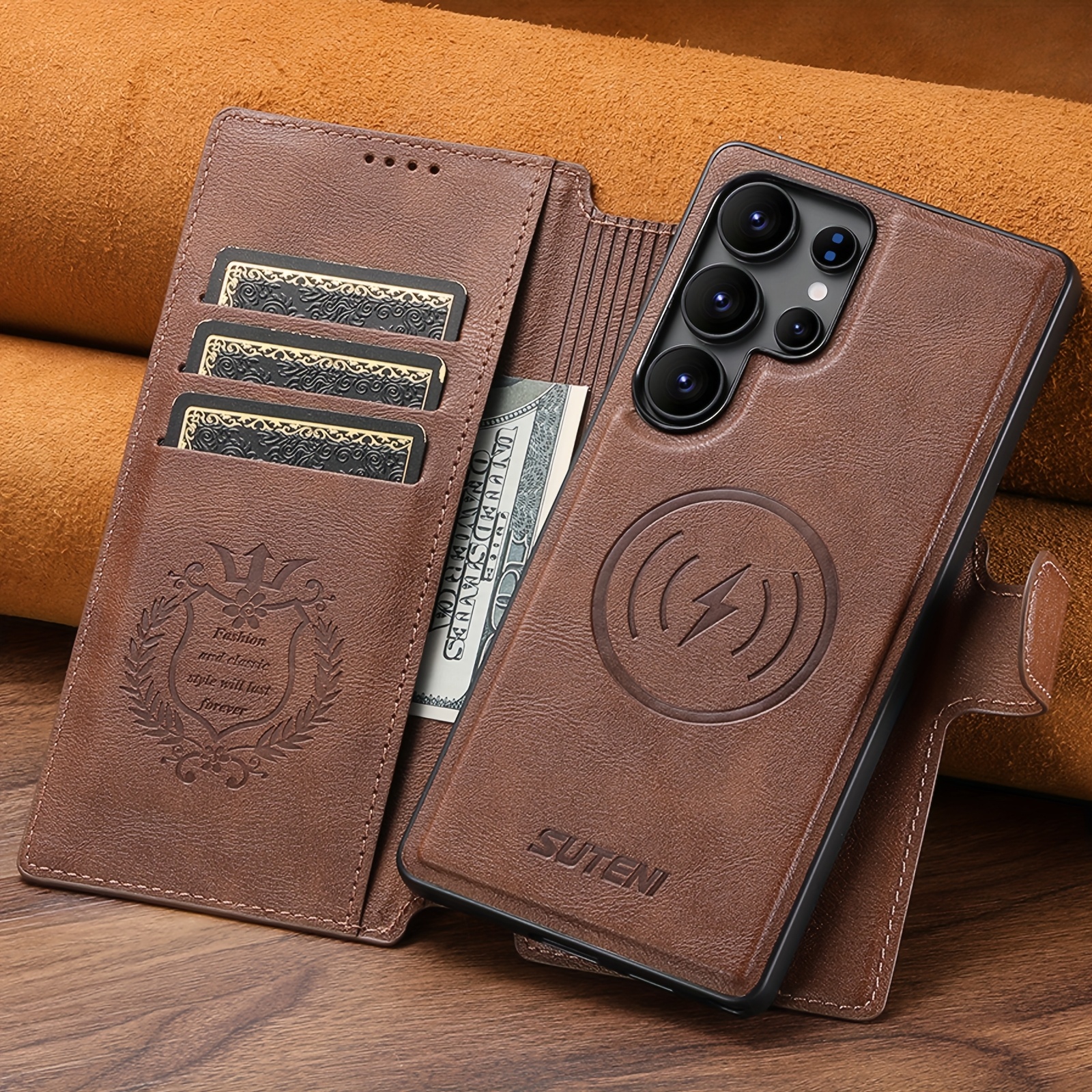 Etui za telefon - SUTENI, združljiv z brezžičnim polnjenjem, etui 2-v-1 z magnetnim denarnim trakom iz umetnega usnja, preklopna prevleka z