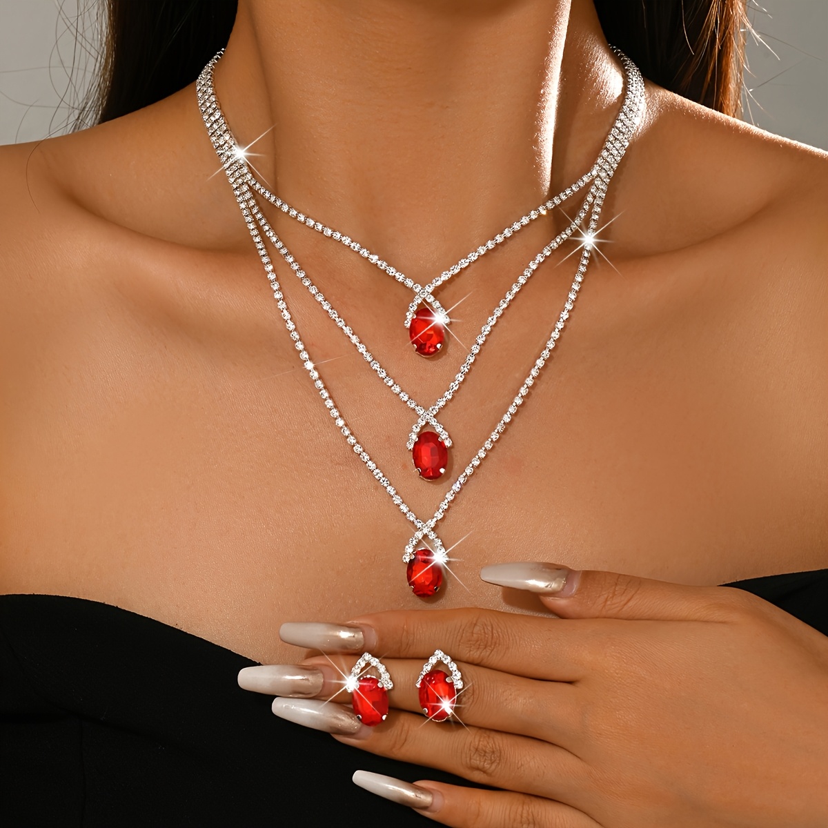 TEMU Dreilagiges blau-oval Halsketten- und Ohrring-Set, elegante Schmuckstücke für Damen, mit Edelsteinen mit Strasskanten, aus Kupfer, als Geschenk