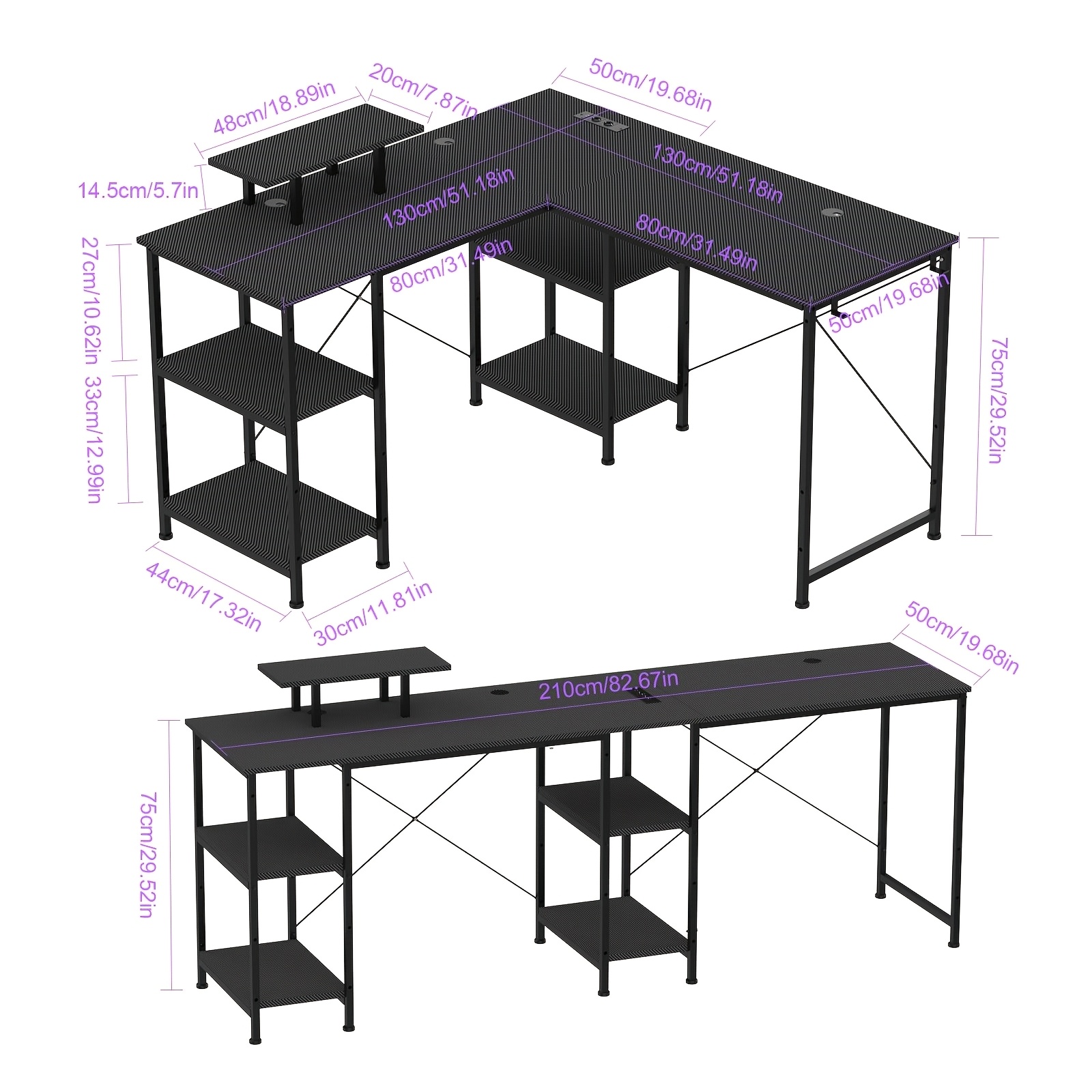 2 In 1 Reversible Gaming Desk, L-shaped Computer Desk With Monitor Shelves, Carbon Fiber Surface, Sturdy For Home Office Desk, Corner Gaming Desk Workstation, Metal Frame, For Home Office 130x50x74cm