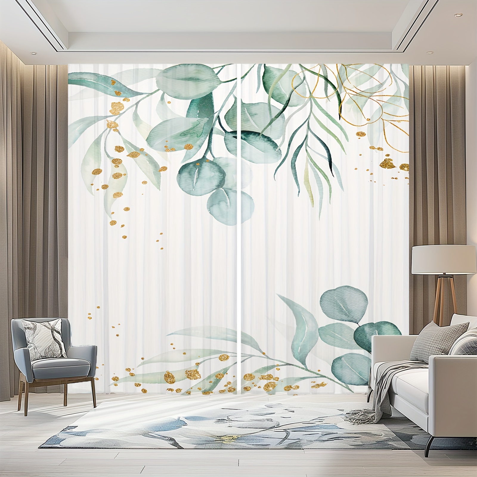 TEMU Un ensemble de rideaux de fenêtre transparents en polyester, style jardin moderne, avec des de feuilles et des accents dorés brillants. de