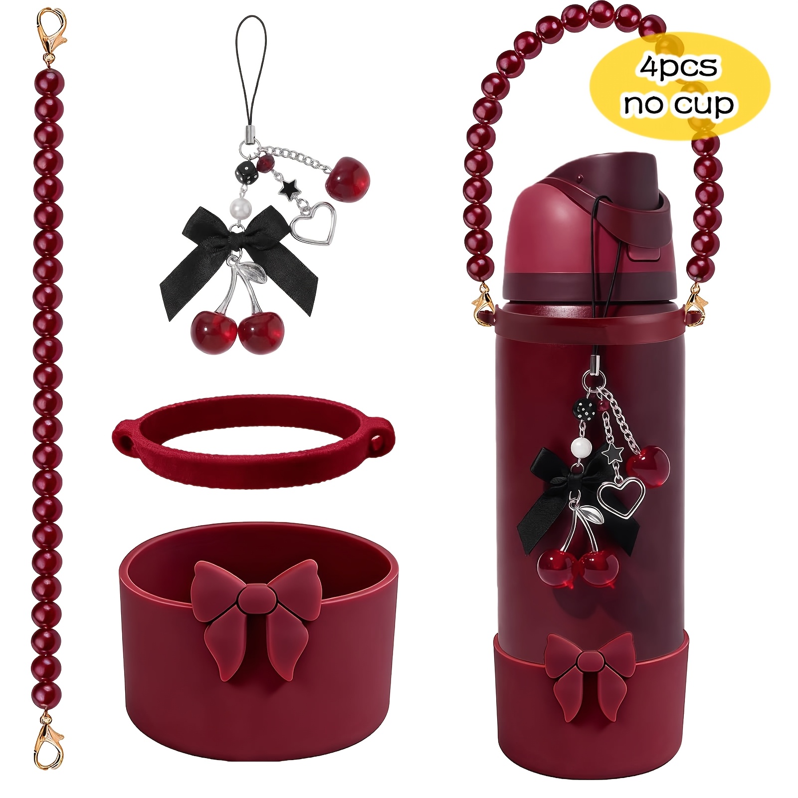 TEMU 4pcs Burgundy Creative Set, Include Charm & Silicone Boot & Hand Strap For 24oz, Bottles Additions Set Pendant For Cup(bottom 2.77in-3.11in)