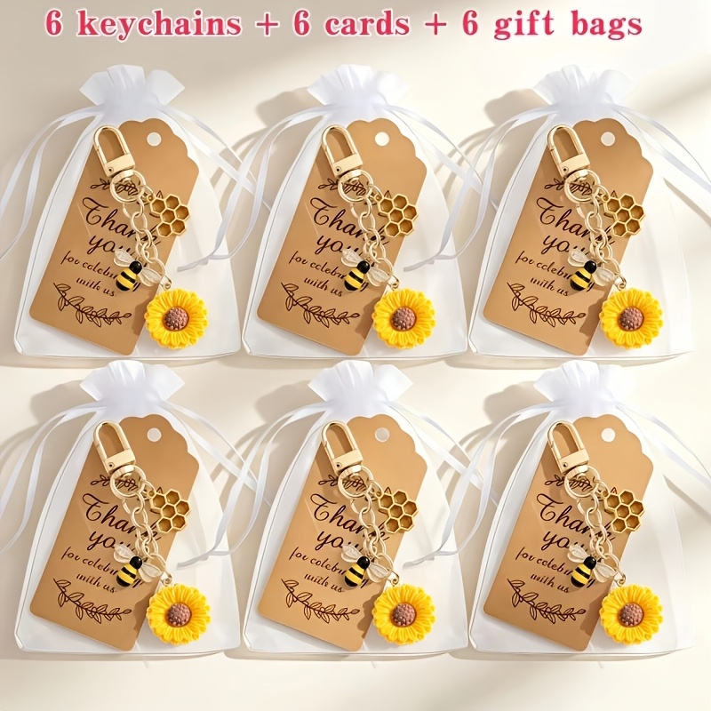 TEMU Set di 18 portachiavi con ciondolo a forma di e ape, 6 portachiavi + 6 biglietti + 6 sacchetti regalo. per portafogli, zaini scolastici, zaini e