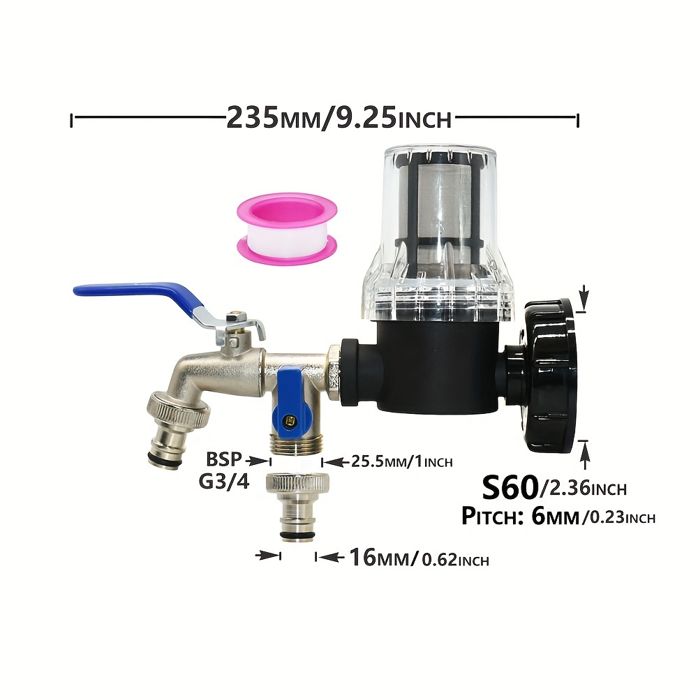 Image of Ibc Tank Connector Adapter S60 To 16mm Hose Dual Outlet Garden Hose Splitter Valve With Watering Filter For 1000l Outdoor Rainwater Collection – Eu Ball Valve Faucet Adapter Accessory