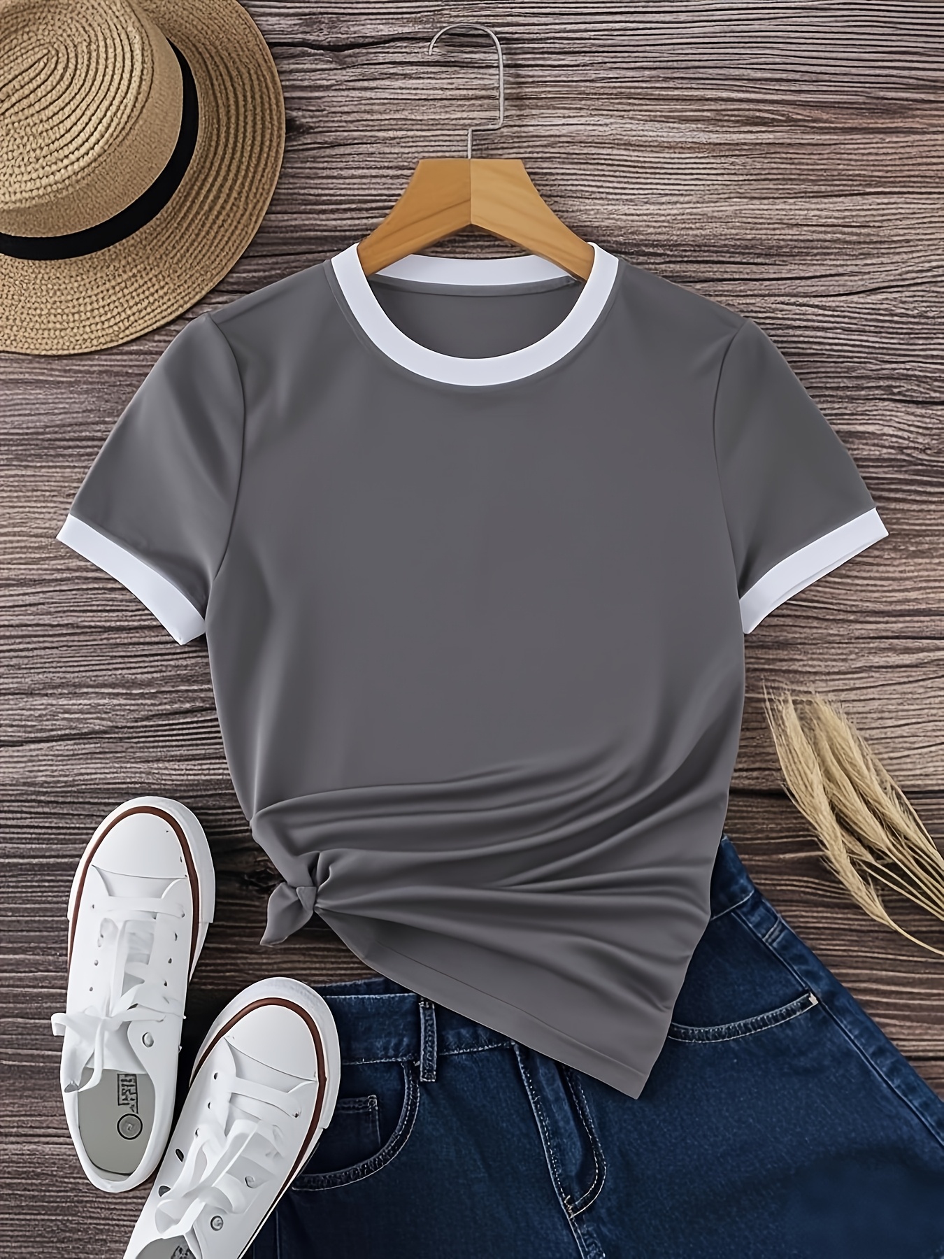 Contrast Trim Short Sleeve T-shirt, Casual Crew Neck Top For Spring & Summer, Women's Clothing