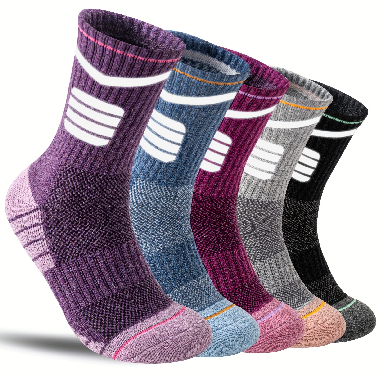 TEMU 5 Pairs Merino Wool Hiking Bright Striped Socks Outdoor Night Men And Women Trail Running Cycling Trekking Moisture Wicking Cushion Crew Socks