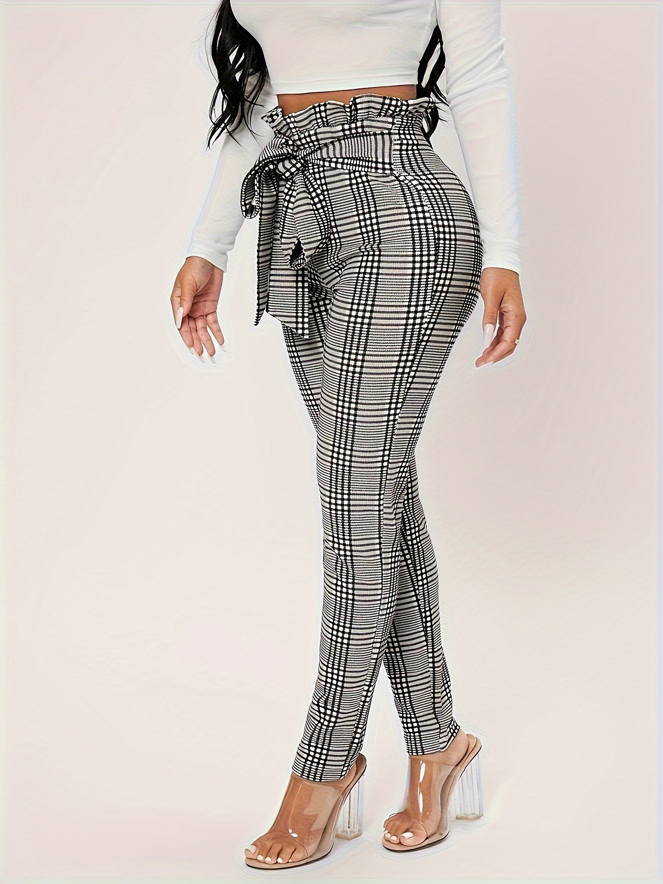 Womens Pants Tight Plaid Pants Pattern Tie Waist Tight Pants