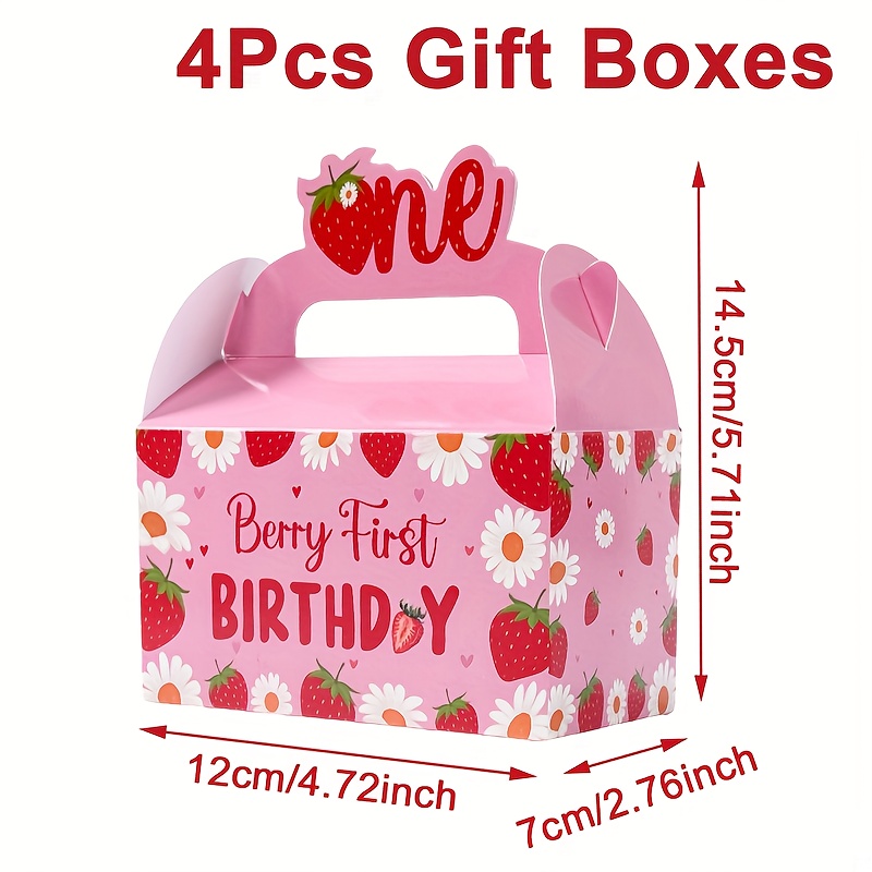 TEMU 4pcs, Party Box Packs, Strawberry 1 Birthday Handheld Gift Box, Pink Strawberry Daisy Pattern Gift Box, Gift Packaging Box, Strawberry Themed