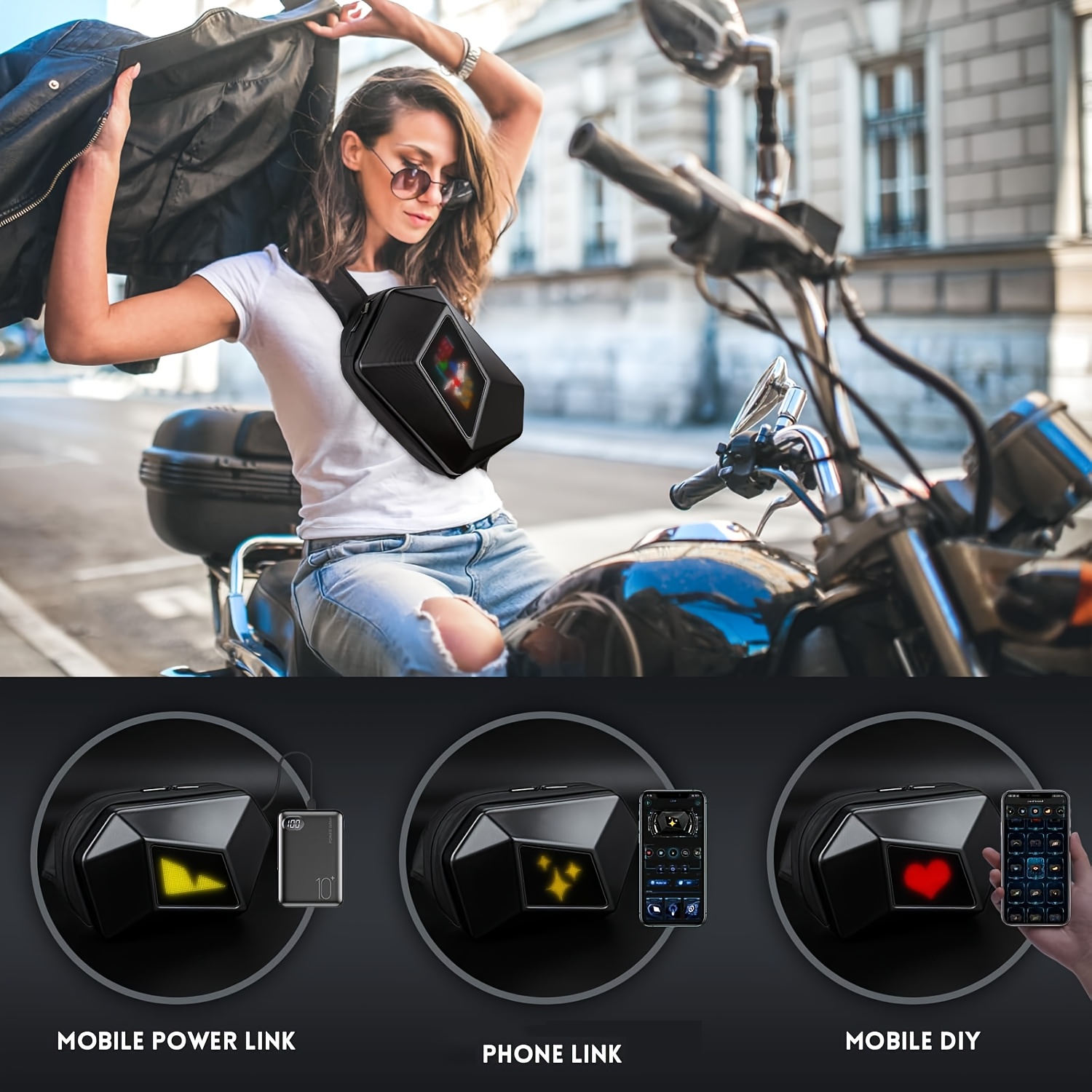 Sacoche bandoulière avec écran LED, sac à dos de moto, sac de voyage et de cyclisme, sacoche bandoulière LED, sac à dos LED, sac de poitrine et bandoulière pour homme et femme, écran couleur et programmable, publicité extérieure DIY, sacoche de voyage – Image 8