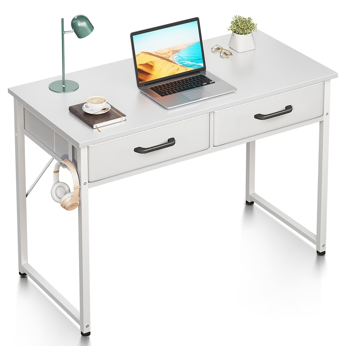 Small Desk With 2 Drawers, Computer Desk With Headphone Holder, Pc Office Table For Home Office, Living Room, Bedroom, White 100x40x78.7 Cm
