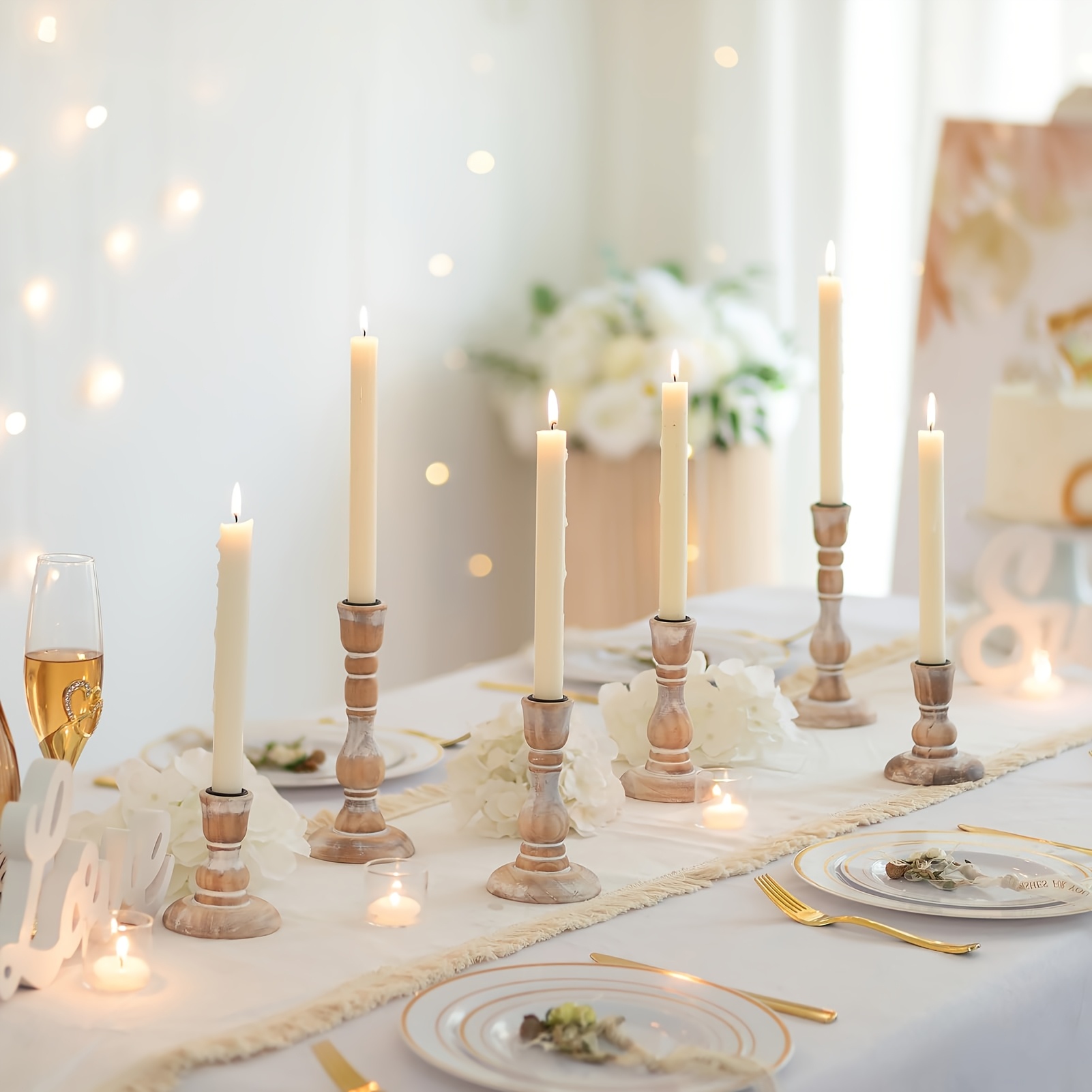 Image of Taper Candle Holders Wood: 3/6pcs Rustic Wooden Candlestick Holder Set - Vintage Candle Stick Tapered Holder For Wedding Birthday Party Holiday Christmas Home Table Decor