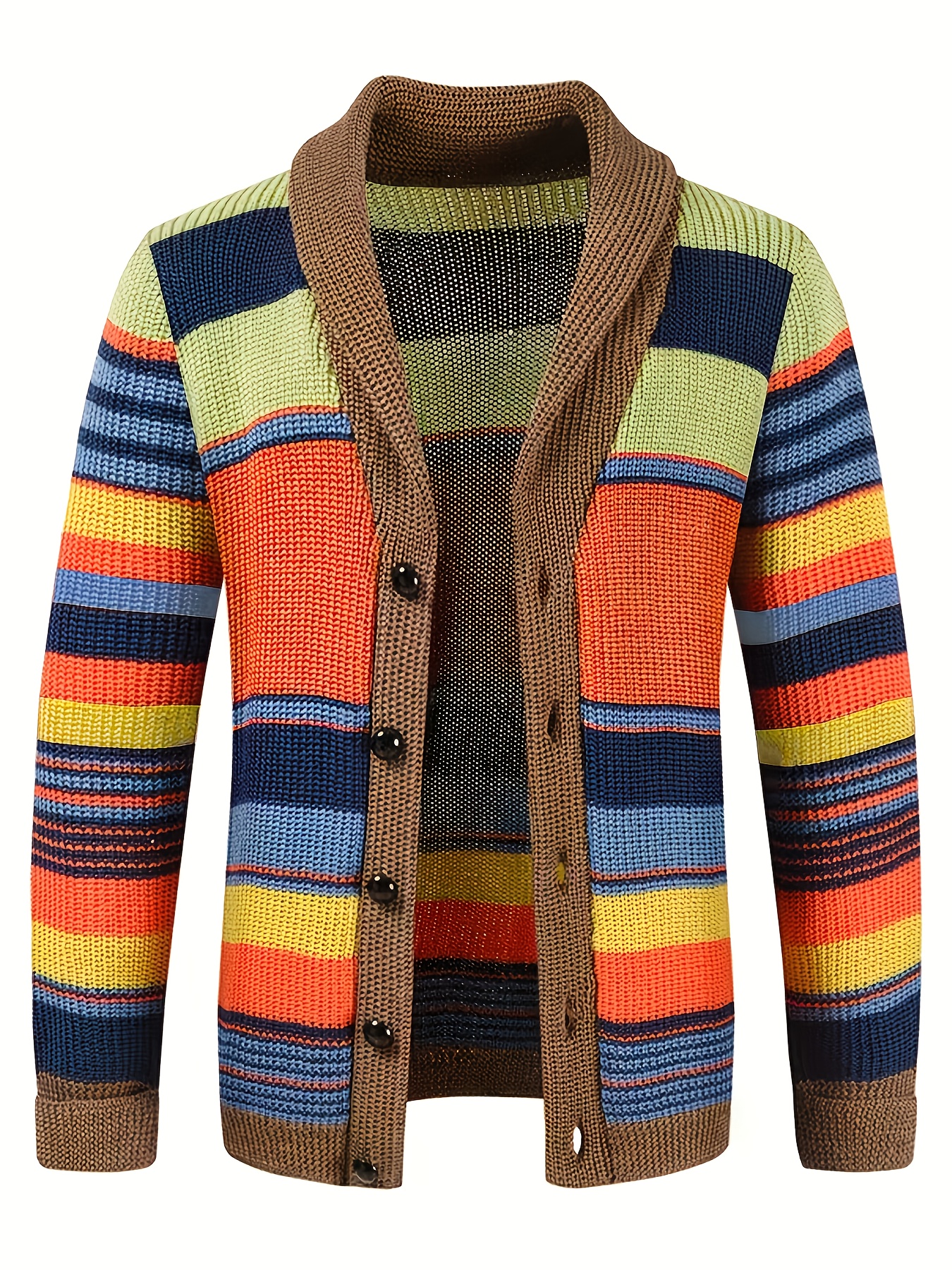 Men's Casual Sport Sweater, Color-Block Striped Design Cardigan with Mandarin Collar and Single-Breasted Buttons, Hemmed Edges for a Loose Fit, Clear Knit Texture, Perfect for Casual Attire Retro Trendy Style