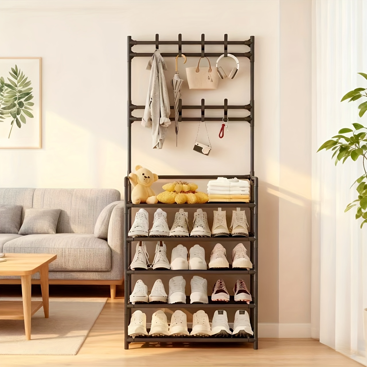E-shop 1-tlg. fünfschichtige Kombination aus Garderobe Schuhregal, Kleiderbügel-Garderobe Hutaufbewahrungsständer | Familienempfehlung –