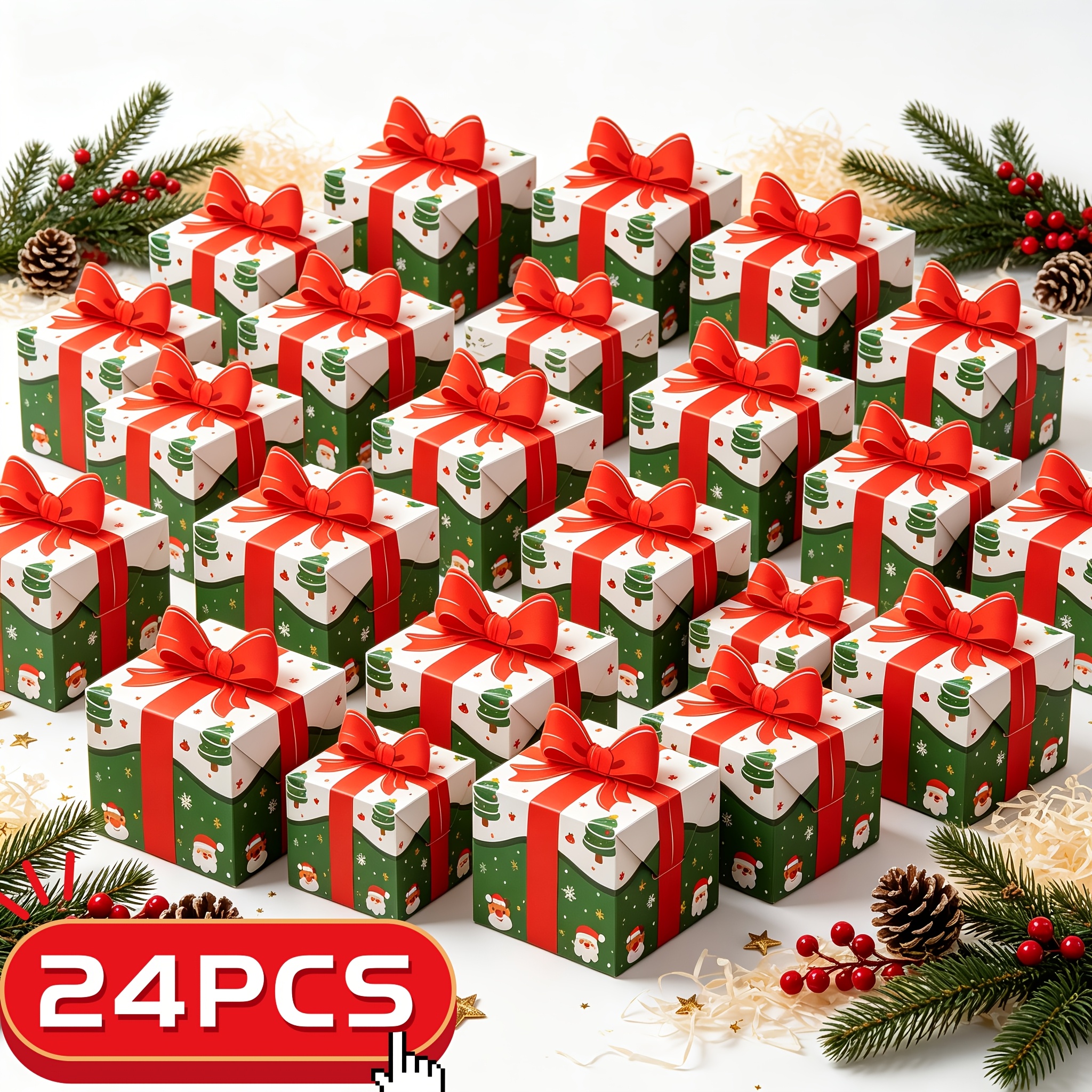 TEMU 6pcs/12pcs/24pcs, Red Ribbon Christmas Gift Box - Green Christmas Tree Santa Claus Snowflake Pattern Gift Box For Christmas Wedding Birthday