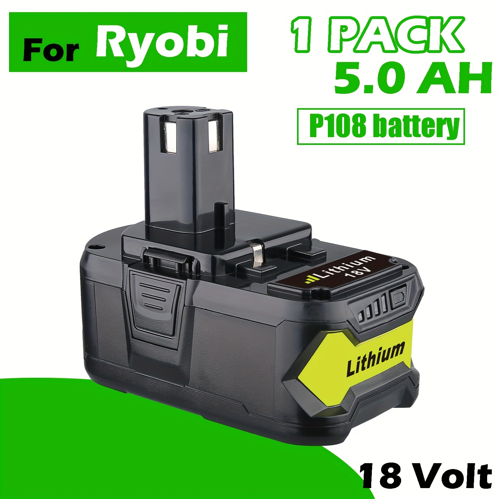 TEMU 1 Pack For Ryobi P108 5.0ah 18v Lithium-ion High-capacity Replacement Battery - 5000mah Rechargeable Compatible With , , P2002, P201, P203, P204
