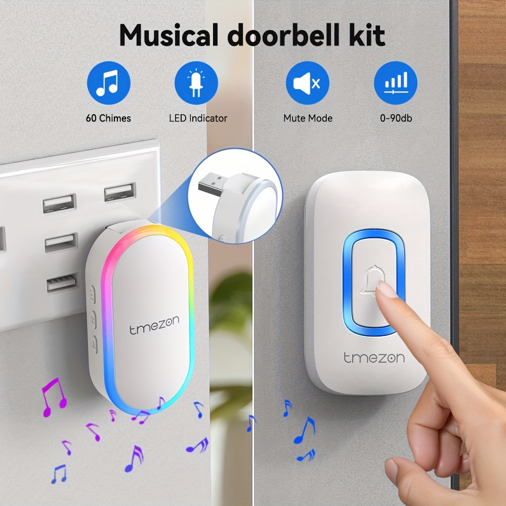 TEMU Tmezon Office Call Bell, Usb Musical Doorbell Kit, Door Bell Chime, Musical Doorbell, 60, 5 Volume Levels, Colourful Led For Home Security Outdoor, Local Warehouse, Christmas Gifts
