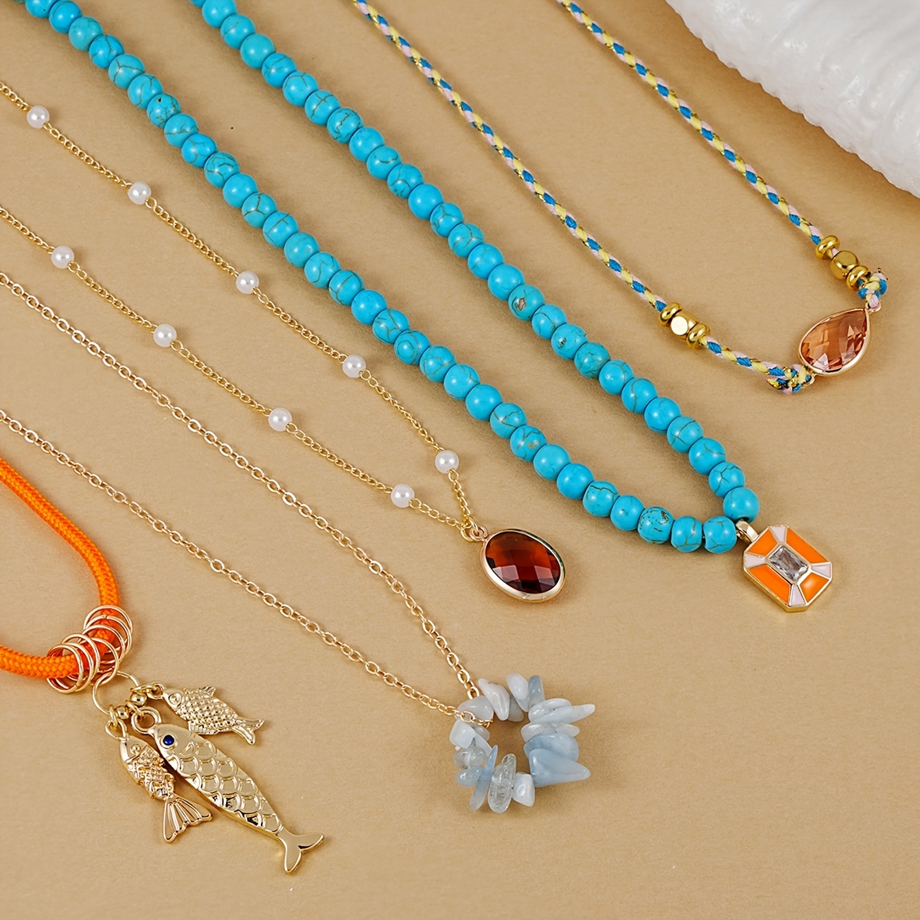 5pc Bohemian Pendant Necklace Set, Multi-Layer with Turquoise Beads
