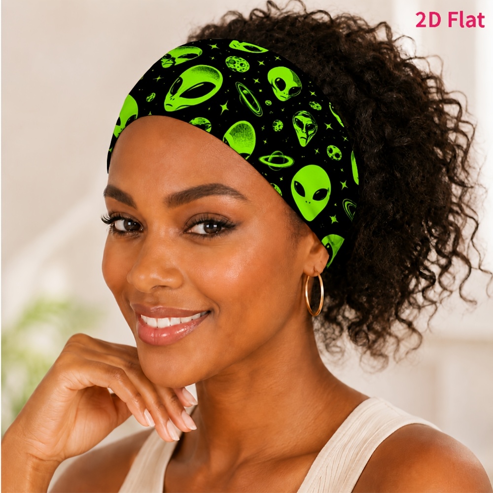 TEMU 2d Flat 1pc Tie, Fluorescent Green And Planet Starry Sky Pattern, Suitable For Yoga/sports/daily Commute/makeup And Skincare, Photo /going Out,