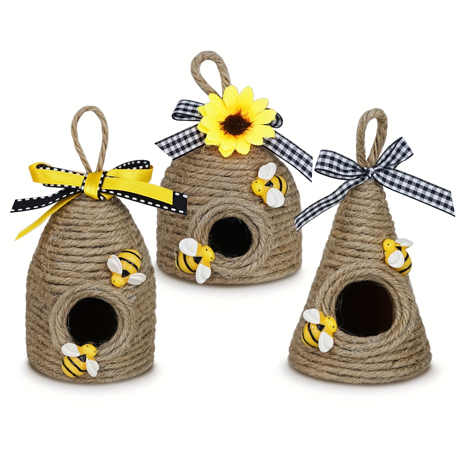 

3pcs Bee Hive Decor, Bumble Bee Rustic Decor Hive, Natural Bee House, Bumble Bee Theme Party Decor Spring Summer Rustic Farmhouse Kitchen Table Tiered Tray Decor