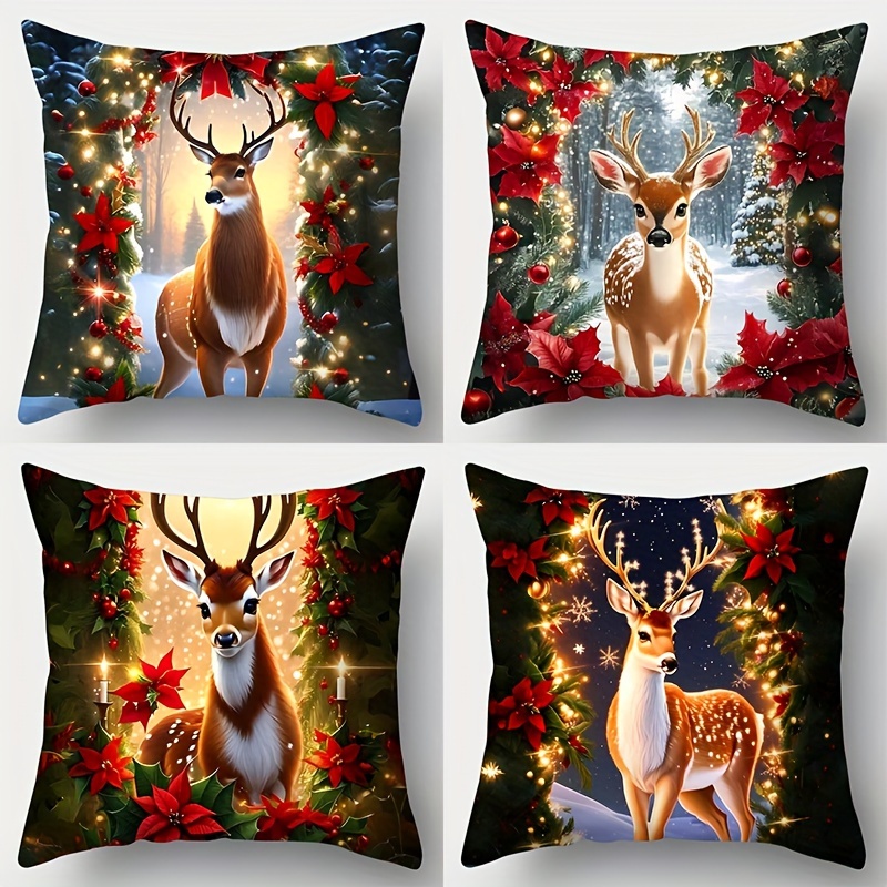 

4- Christmas Wreath Cushion Covers, 17.7x17.7 , , Printed, Mixed , , Polyester , , For Sofa Decor, ,