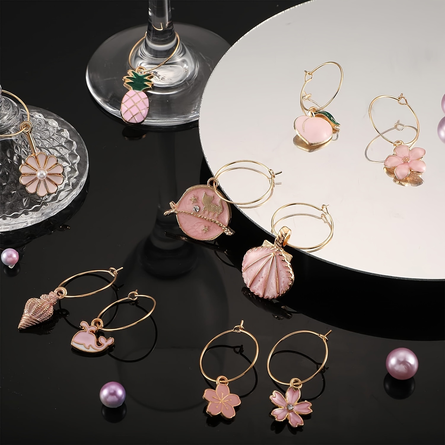 30 Wine Glass Jewelry Summer Wine Mark Ring Set 30 mixed enamel glass  pendants and 30 Golden wine rings, suitable for fun single la