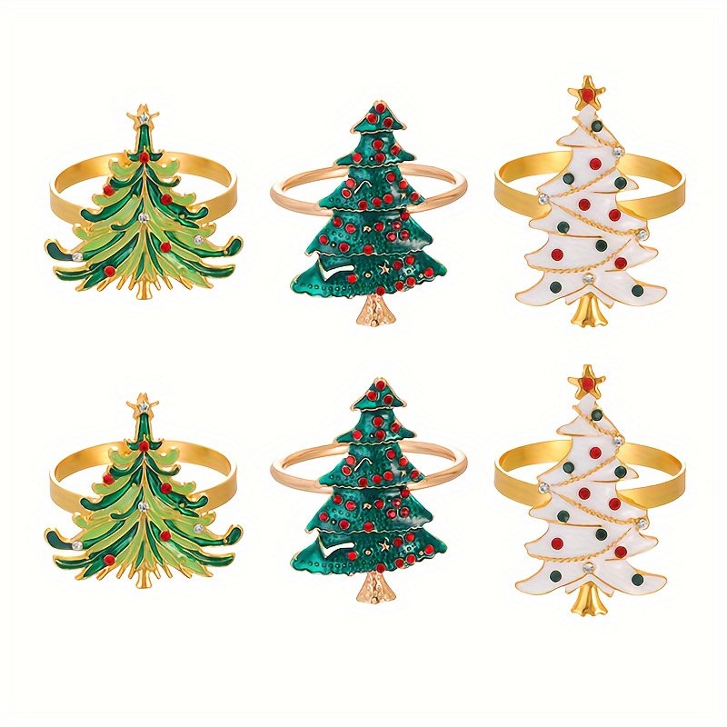Image of Christmas Tree Napkin Rings Set Of 6 - Festive Holiday Table Decor, Golden Metal Napkin Holders For Christmas, Easter, Thanksgiving, Halloween - Seasonal Dinner Accessory Without Feathers