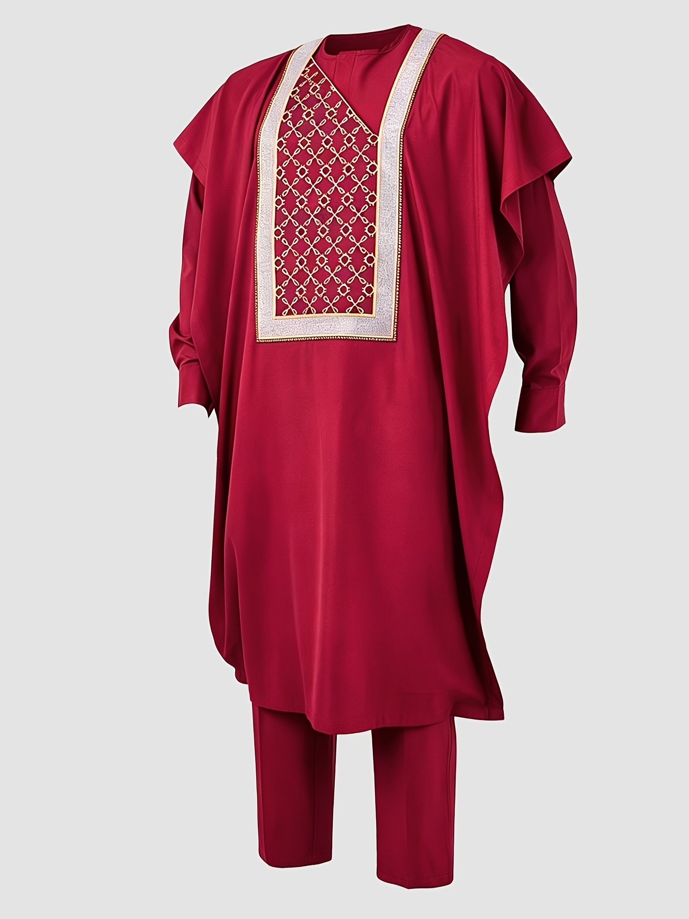 Men's Agbada 3pcs Set, Embroidered Pattern, Crew Neck, Hidden Buttons, Slit Hem with Pockets, Ethnic Pattern Robe, Long-Sleeve Shirt, Drawstring Elastic Waist Pants, Suitable for Banquets, Birthdays, Gatherings, Weddings, Holiday Celebrations, Dates