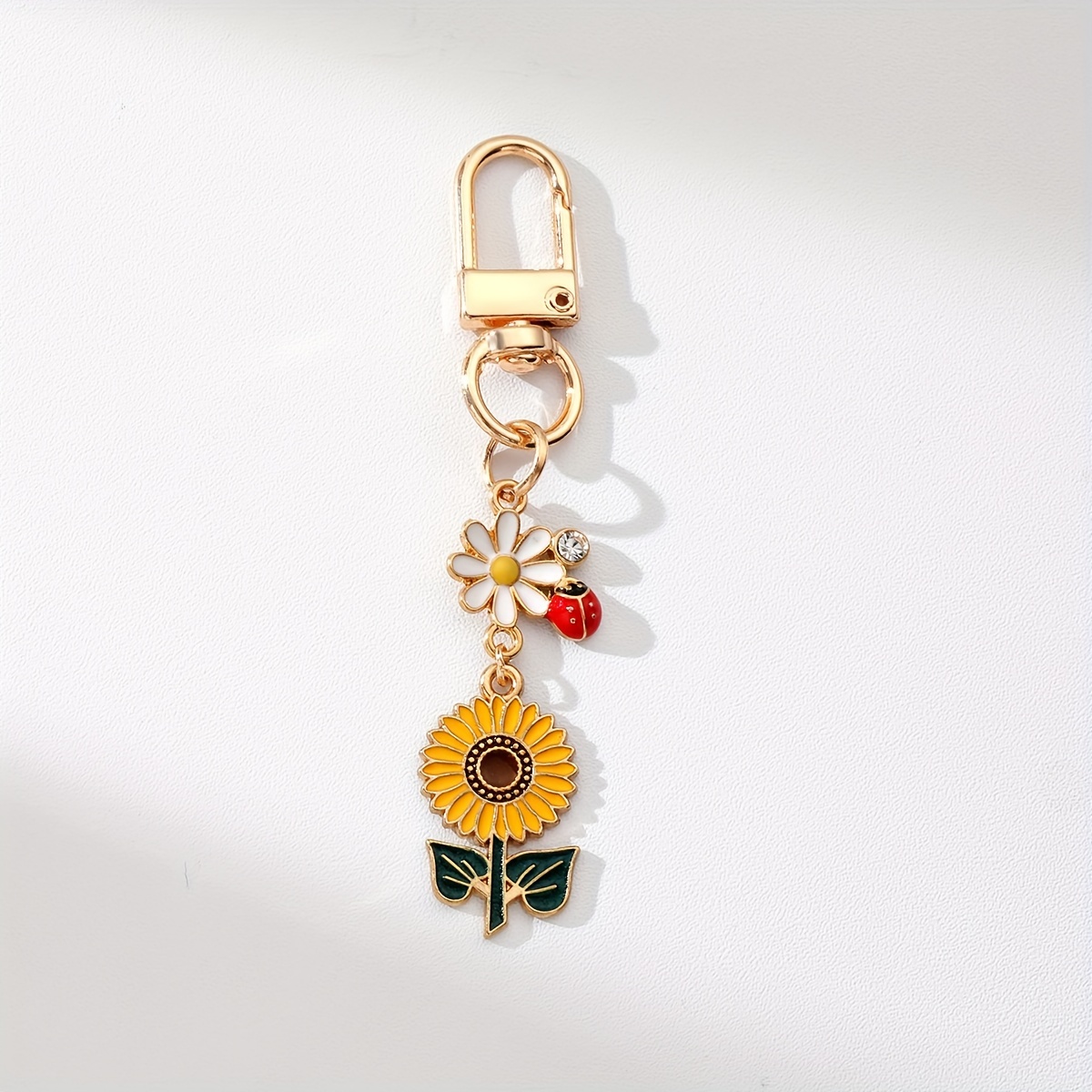 TEMU 1pc Vibrant Sunflower & Ladybug Enamel Keychain - Golden- Alloy, Lobster Clasp, Perfect For Bags & Backpacks - Symbol Of Health & , Great Gift