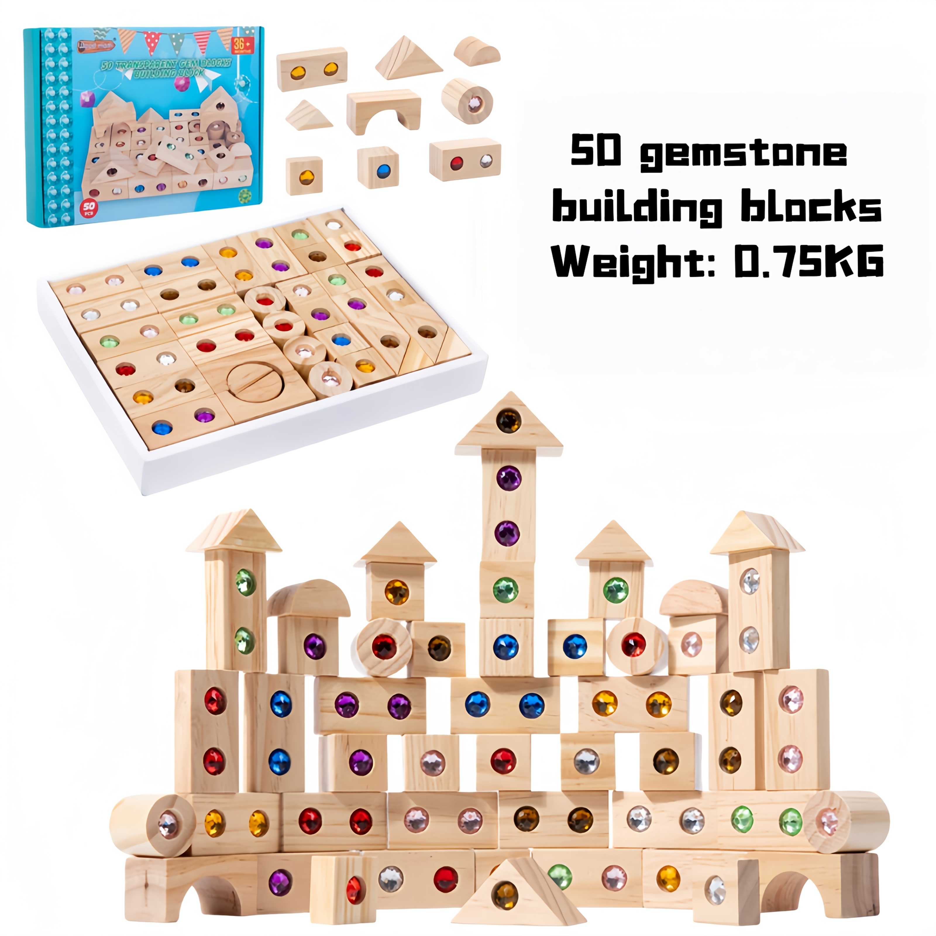 Image of Wooden Sensory Building Blocks With Colorful Rhinestones For Toddlers 18m+, Educational Toys For Fine Motor Skills And Imagination, Perfect Birthday Christmas Gift