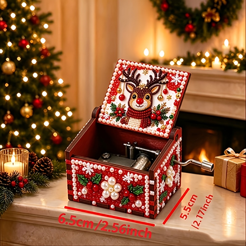 TEMU B04 Peinture Diamant Noël 3D Boîte à Musique à , Kit d'Art Diamant en Bois avec Détails de Perles , Artisanat Décoratif Six Faces, Motif Père