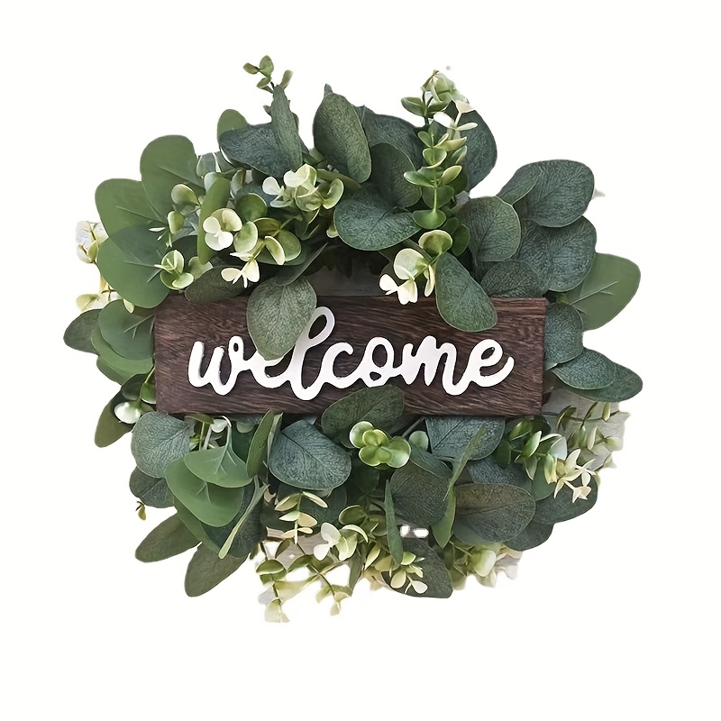 Image of Artificial Flower Wreath With "welcome" Sign - Diy Wedding & Holiday Decor, Plastic Greenery Garland For Front Door Or Wall, Home Decoration, Wreaths For Front Door