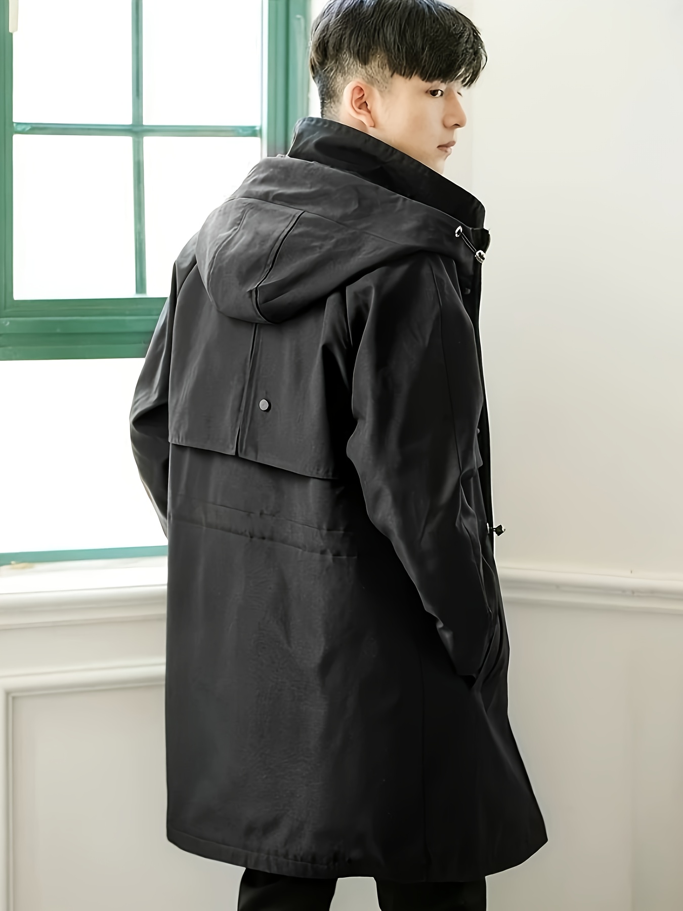 herren mittellanger regenmantel kapuze schwarz lockerer sitz