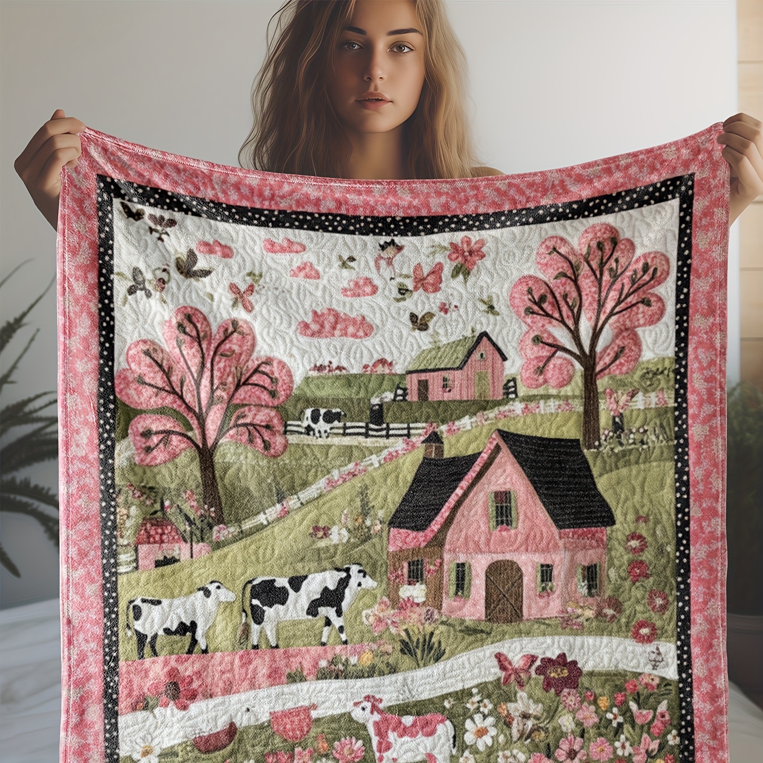 

Farmhouse Quilt With Cow Print - Warm And Soft Blanket For Sofa, Bed, Car, Office, Camping, Travel, And - 51x59in (130x150cm)