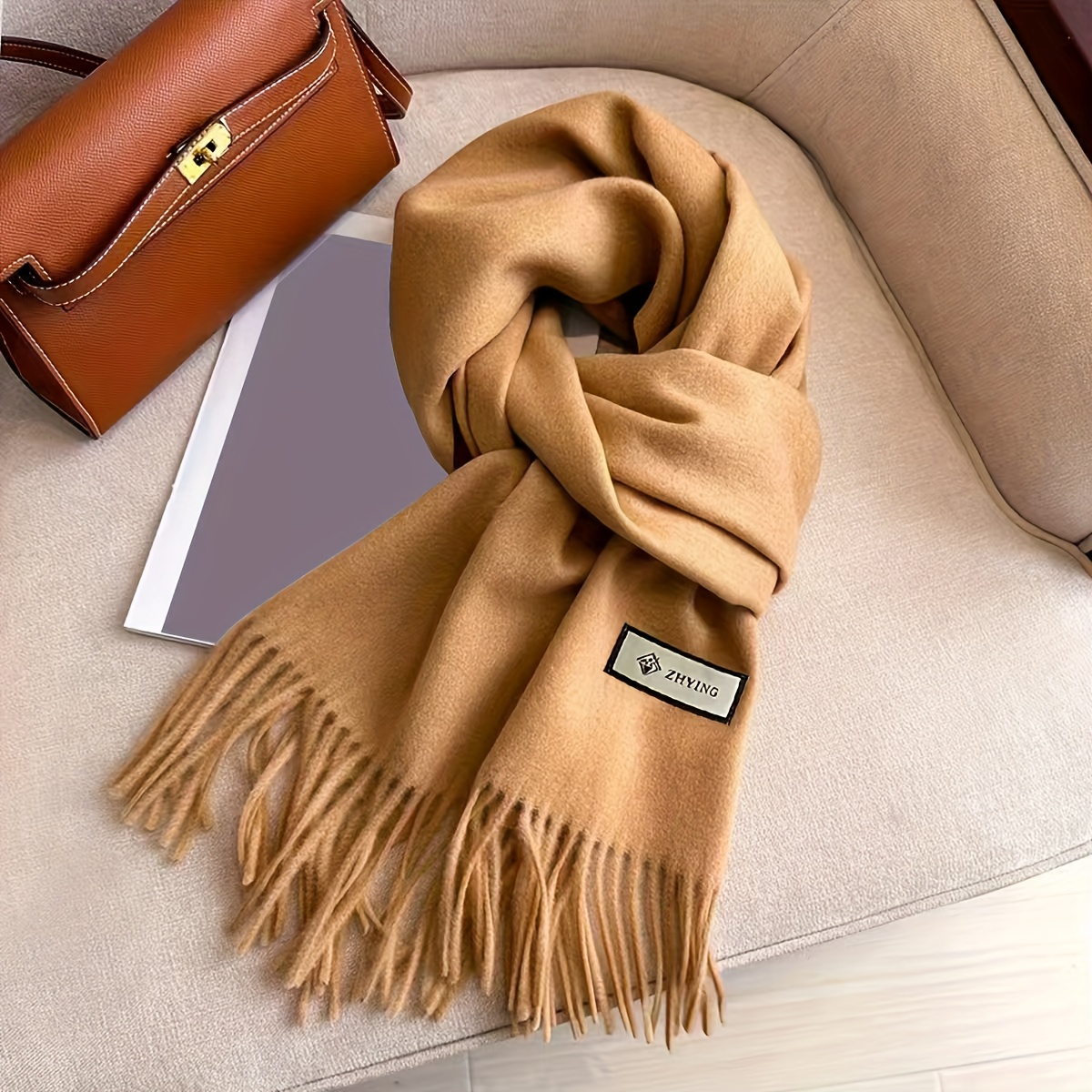 TEMU 1pc Solid Color Thick Scarf - Winter Versatile, Warm And Comfortable Long Fringe Shawl, Suitable For Men And Women, Couple Style Scarf,