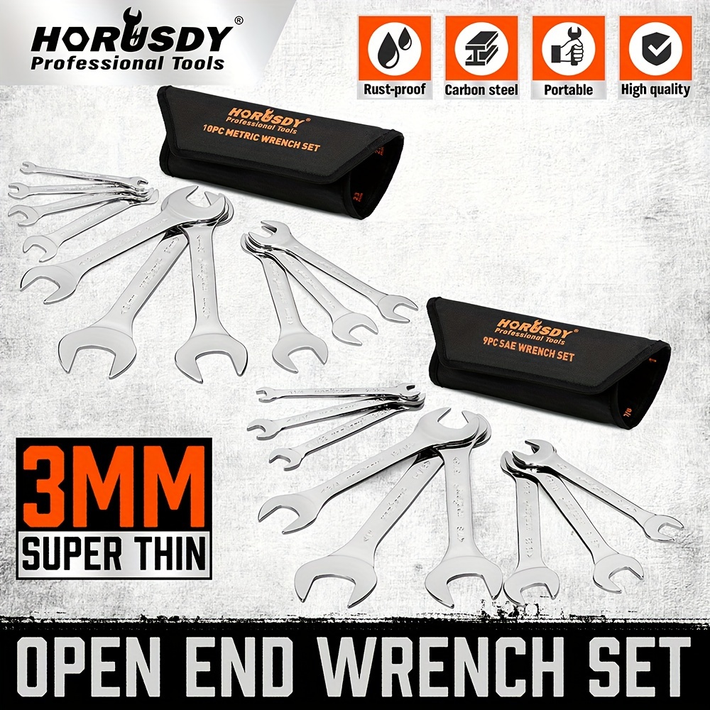 TEMU 19pcs Super-thin Open End Wrench Set With Rolling Pouch, Cr- Sae & Metric, 1/4" To 1-1/16" And 5.5mm To 27mm Slim Spanner Wrench Set