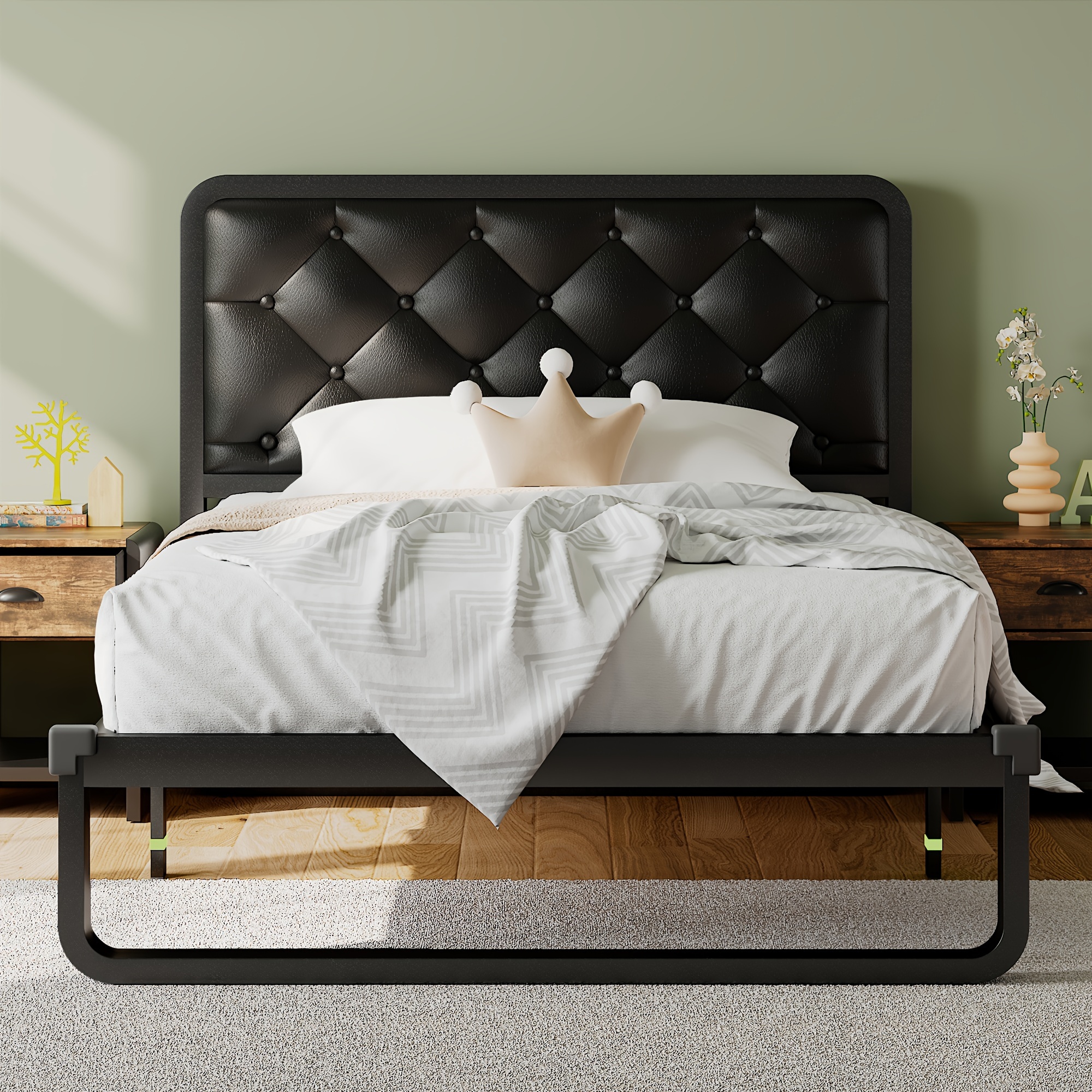 

Twin Size Metal Bed Frame With Button Tufted Upholstered Headboard, U-shaped Platform Bed Frame With 12" Storage, Heavy Duty Base, Spring Needed, Black