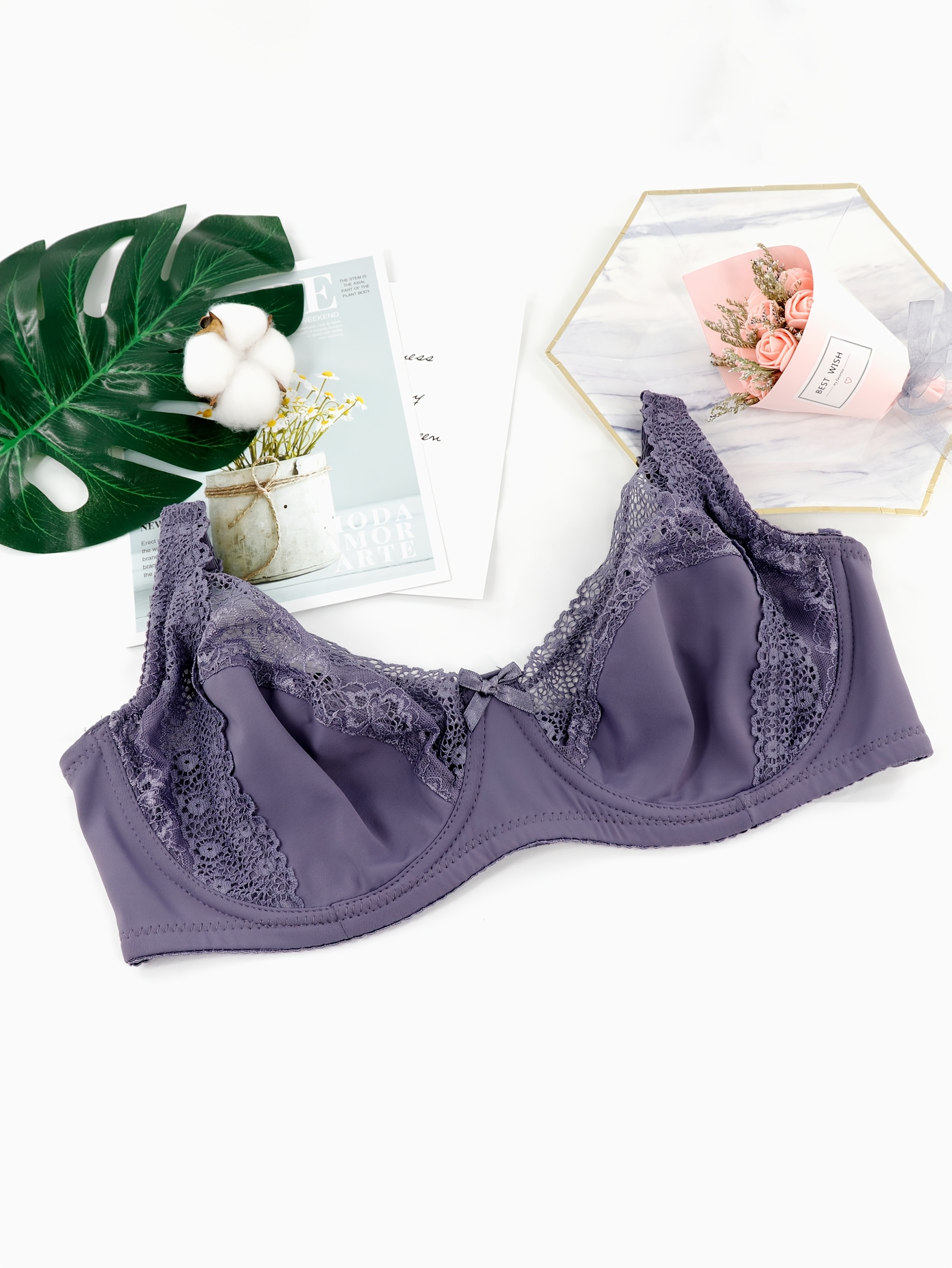 Women'S Plus Size Sexy Floral Lace Bra, Breathable Ultra-Thin Single Layer Full Coverage Underwire Bralette, French Romantic Daily Lingerie, Polyamide 85% Elastane 15%, Medium Stretch Knit Fabric, Solid Color with Contrast Lace Detail, No Padding - 170 gsm