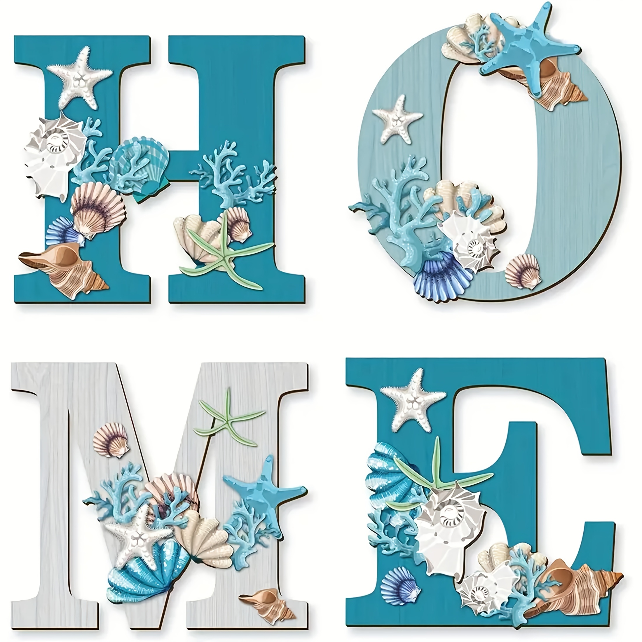 

: 4pcs Of Blue Starfish And Shell Wall Art Suits, Mediterranean Style, Wooden Decorations.