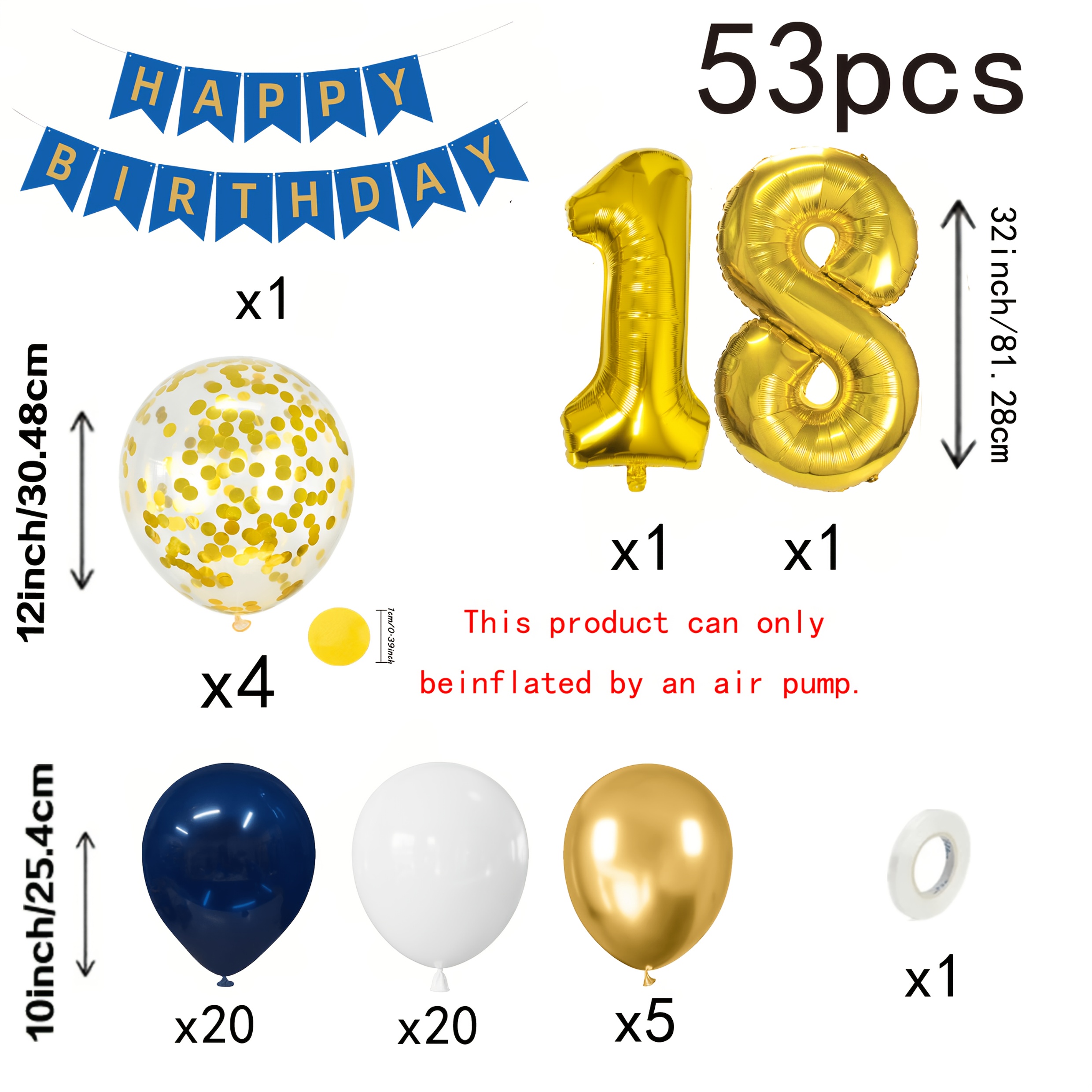 TEMU Ensemble de ballons de décoration pour 18e anniversaire 53 pièces, ballons à dorés bleu marine, ensemble de ballons d'anniversaire avec film