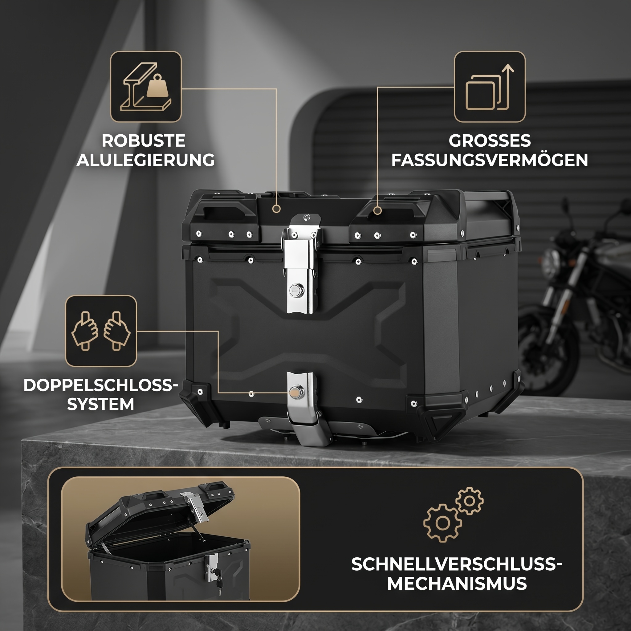 TEMU 55l Aluminum Alloy Motorcycle Top Case - Rear Tail Box With Leather Lining & Quick-release Lock - Moto Storage Trunk - Fast Delivery From Eu