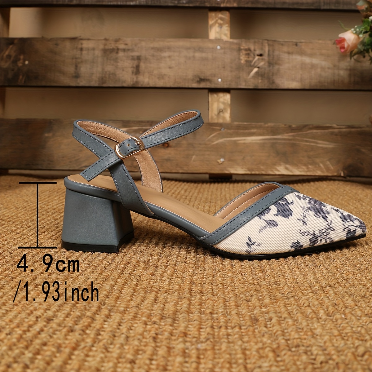 Vintage Elegant Floral Ankle Strap Chunky Heel Pointed Toe Flat Shoes for Women, Women Shoes