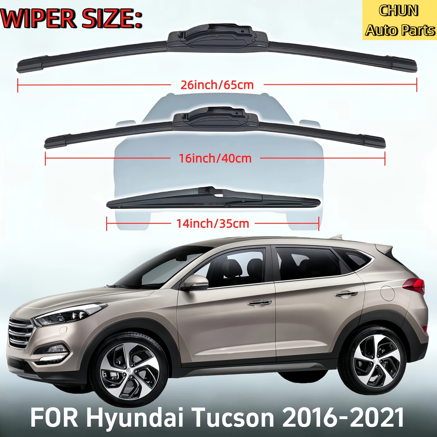 E-shop Passend für den modernen Tucson. Dieses Set enthält 26-Zoll, 16-Zoll- und 14-Zoll-Windschutzscheibenwischerblätter zum Austausch von 2016 bis