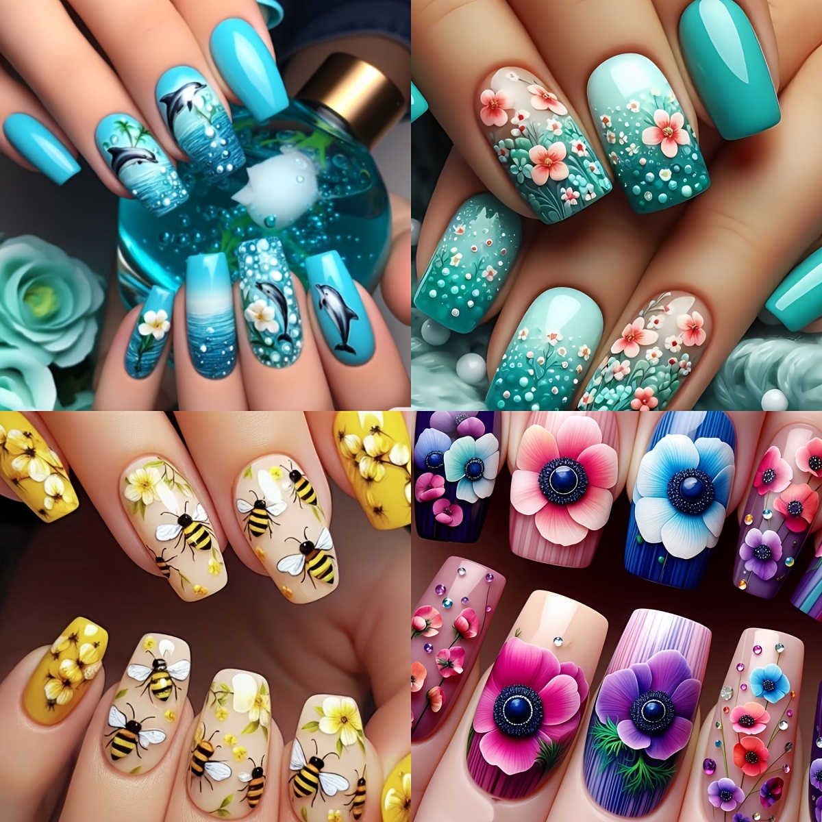 TEMU 96 uñas postizas de presión Latin Special para mujer - Uñas cuadradas de media con extraíble, pegatinas de uñas multicolor con flores, abejas, y