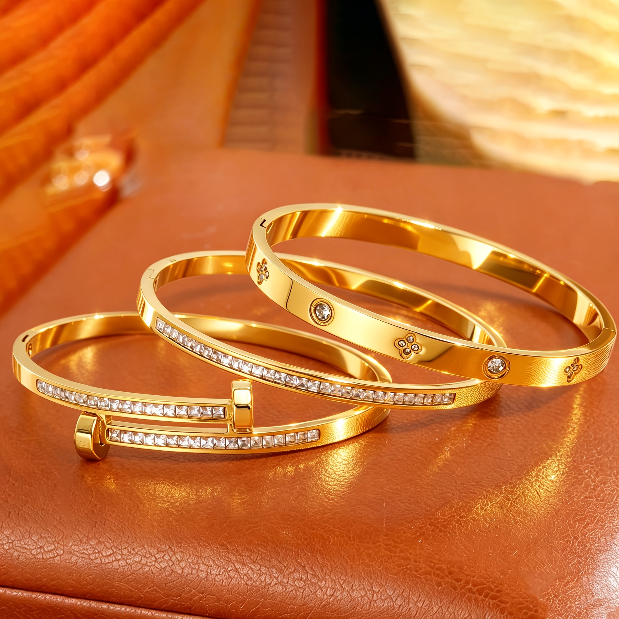 TEMU 3pcs Plated Luxurious Elegant Stainless Steel Bracelet Set, Multiple Colors , Stackable Or Worn Individually, Optional Sizes To Solve Your Size