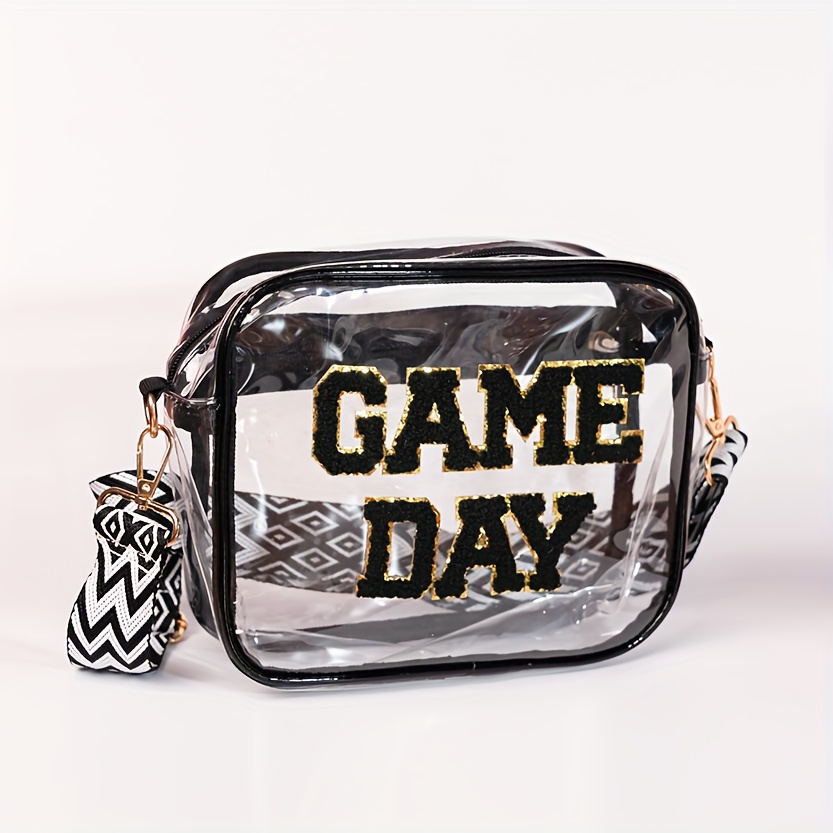 TEMU A Small Square Pvc Shoulder Bag With The Embroidered Words "game Day". A Portable Bag Suitable For Travel, Makeup Storage And Activities, Designed For Sports Events And Concerts.